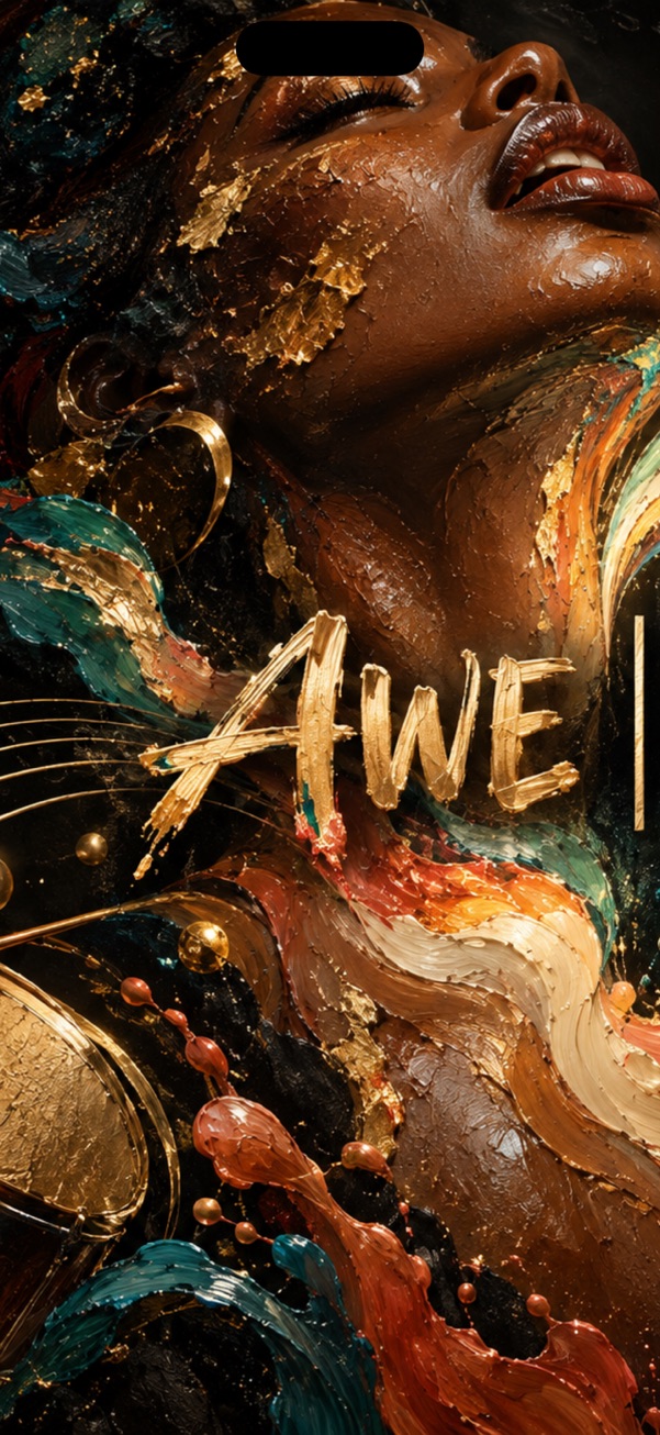 The AWE half of the split cover: a gold-lettered portrait against swirling colour